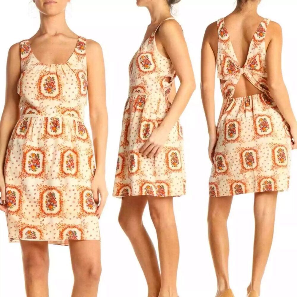 Madewell Silk Twist Back Floral Dress 100% Silk Cream Multi Sleeveless Mini Boho